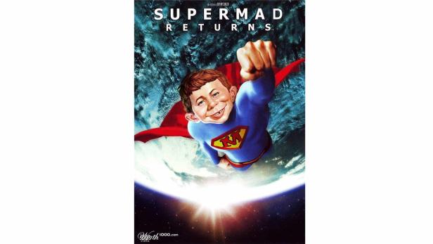 Das Cover von „Supermad Returns“ zeigt Alfred E. Neumann als Superman über der Erde.