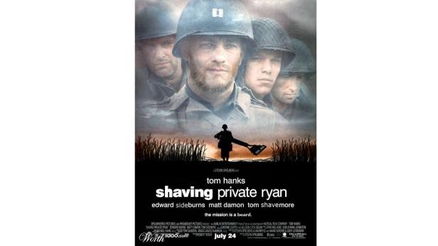 Das Filmplakat zu „Saving Private Ryan“ zeigt Tom Hanks und andere Soldaten im Zweiten Weltkrieg.