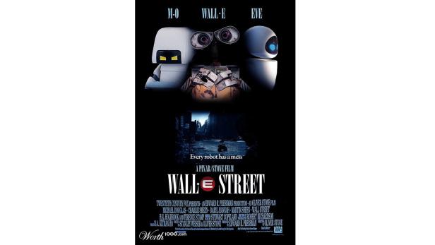 Ein Filmposter, das die Charaktere aus „WALL-E“ mit dem Titel „WALL STREET“ kombiniert.