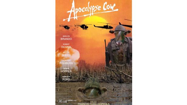 Das Filmplakat „Apocalypse Cow“ zeigt eine Kuh in Militäruniform und eine Schildkröte im Wasser.