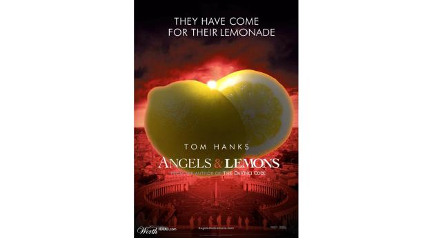 Das Filmplakat für „Angels & Lemons“ mit Tom Hanks zeigt Zitronen vor einem roten Himmel über Rom.