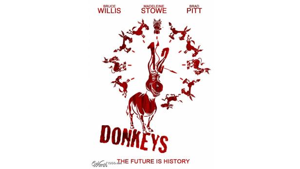 Das rote stilisierte Filmposter für „Donkeys“ zeigt einen Esel als Uhr mit Hasen als Ziffern.