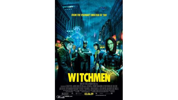 Das Filmplakat für „Watchmen“ zeigt die Hauptfiguren im Regen vor einer Stadtkulisse.