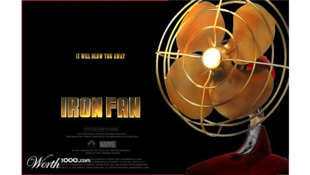 Ein goldener Ventilator mit dem Titel „Iron Fan“ vor schwarzem Hintergrund.