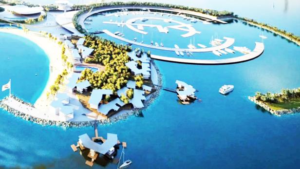 Eine Luftaufnahme einer luxuriösen Inselanlage mit Strand, Villen und einem Yachthafen.