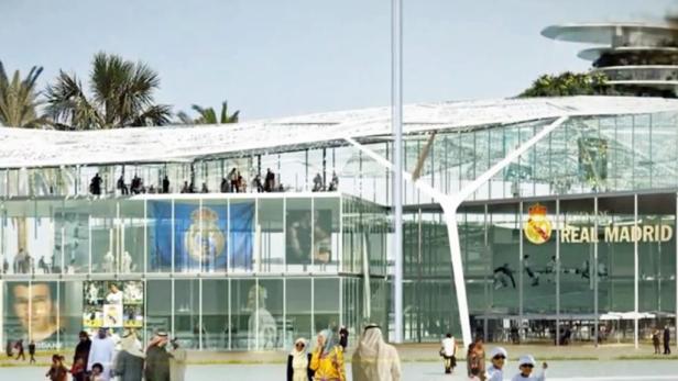Eine architektonische Darstellung des Real Madrid Resorts mit Menschen im Vordergrund.
