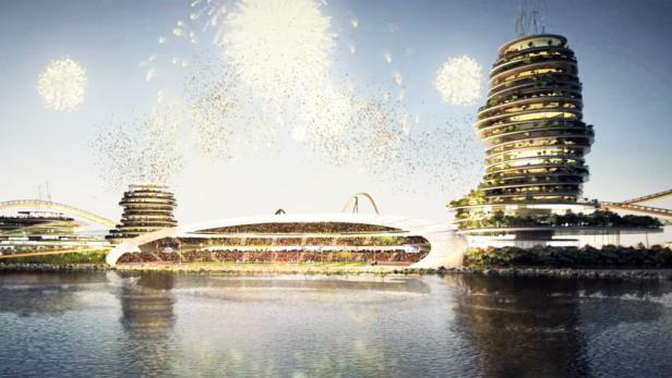 Ein futuristisches Stadion und spiralförmige Gebäude stehen am Wasser, während Feuerwerk den Himmel erhellt.