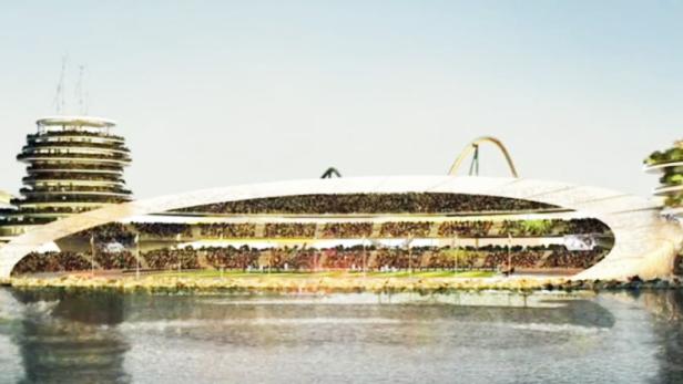 Ein großes Stadion am Wasser mit vielen Zuschauern und einem Turm.
