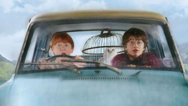 Harry Potter und Ron Weasley sitzen mit Hedwig in einem fliegenden Auto.