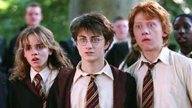Harry Potter, Hermine Granger und Ron Weasley schauen überrascht.