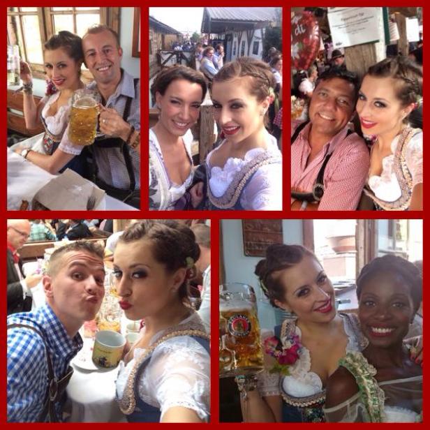 Eine Collage von Menschen, die Dirndl und Lederhosen auf dem Oktoberfest tragen.