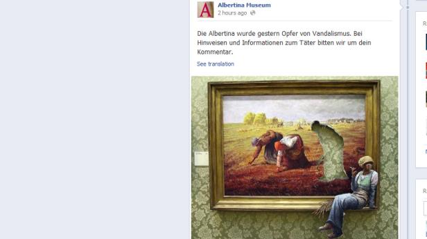 Eine junge Frau sitzt vor einem beschädigten Gemälde in der Albertina.