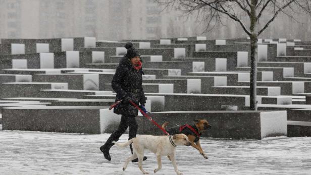 Eine Frau geht mit zwei Hunden durch das schneebedeckte Denkmal für die ermordeten Juden Europas in Berlin.