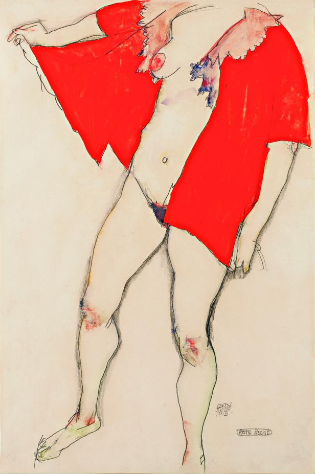 Eine Aktzeichnung von Egon Schiele mit einer roten Bluse.