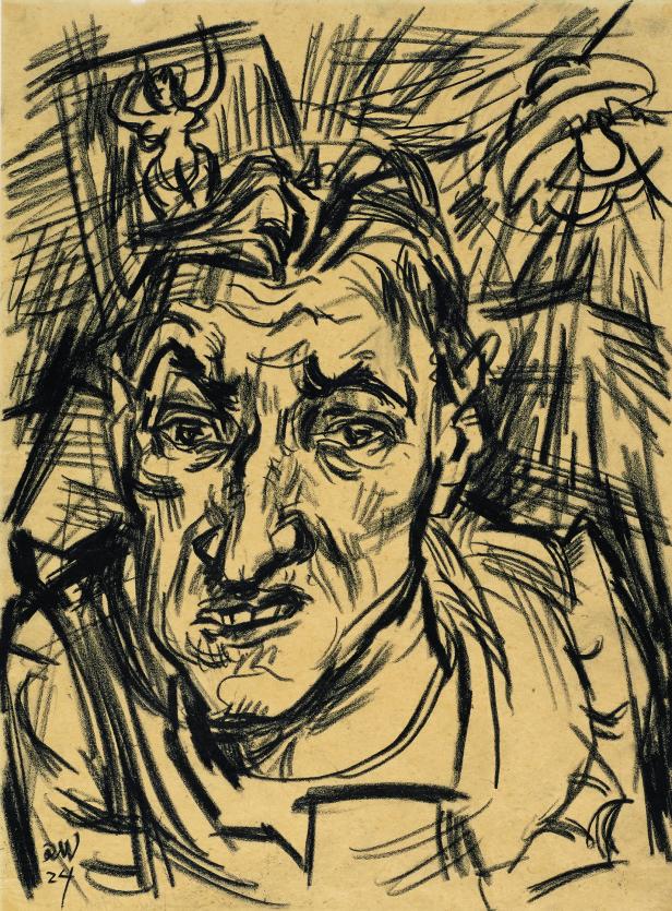 Eine expressive Kohlezeichnung eines Mannes mit angespanntem Gesichtsausdruck.