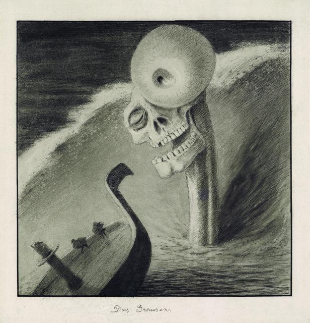 Ein riesiger Totenkopf mit einem Auge auf dem Kopf taucht neben einem sinkenden Boot auf.