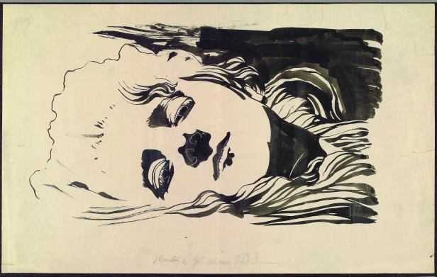 Eine Tuschezeichnung eines Frauenporträts mit geschlossenen Augen.