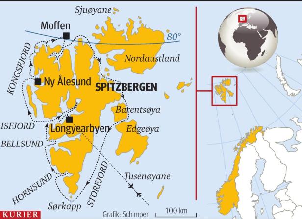 Eine Karte von Spitzbergen und den umliegenden Inseln mit hervorgehobenen Städten und Fjorden.