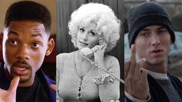 Ein Triptychon mit Will Smith, Dolly Parton und Eminem.