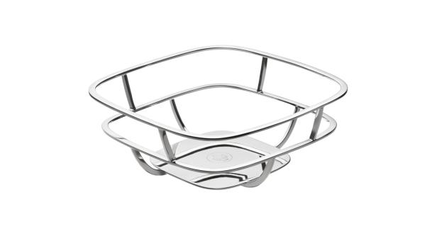 Ein leerer, moderner Obstkorb aus glänzendem Metall.