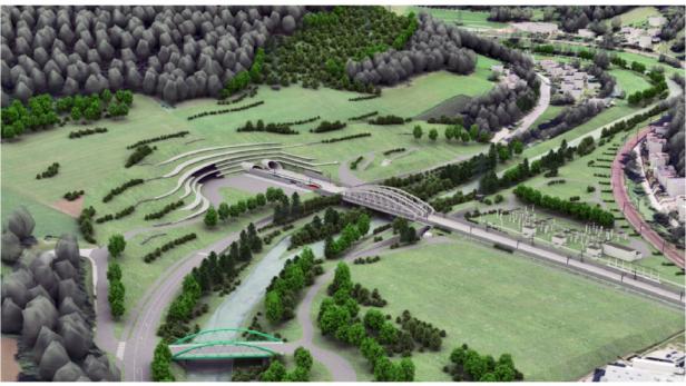 Ein Modell einer Bahnstrecke mit Tunnel, Brücken und einem Zug in einer grünen Landschaft.