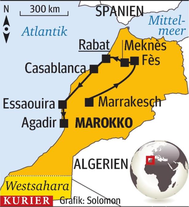 Eine Karte von Marokko mit eingezeichneten Städten wie Rabat, Casablanca und Marrakesch.