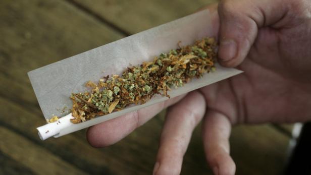 Eine Hand rollt eine Zigarette mit Cannabisblüten.