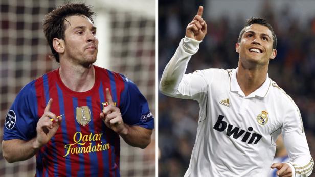 Ein Vergleichsbild von Lionel Messi und Cristiano Ronaldo, beide mit erhobenem Zeigefinger.