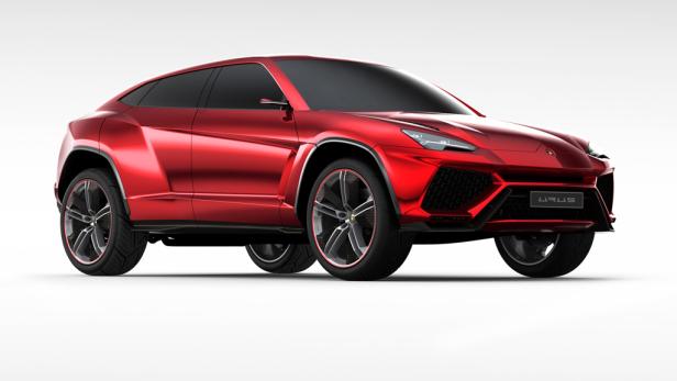Ein roter Lamborghini Urus vor einem weißen Hintergrund.