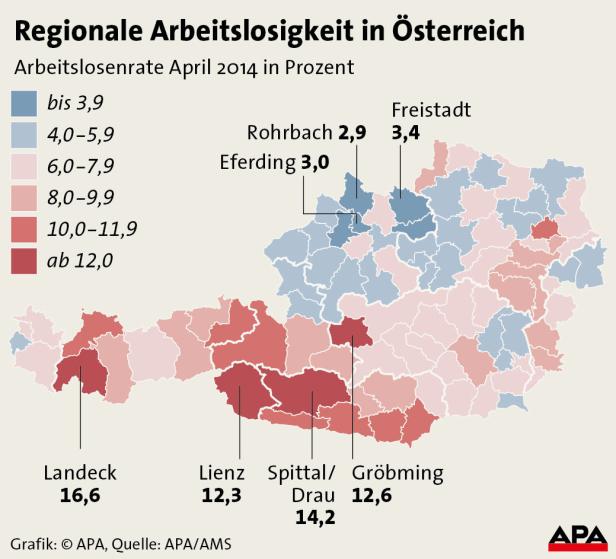 Eine Karte Österreichs, die die regionale Arbeitslosigkeit im April 2014 in Prozent zeigt.