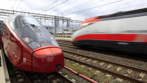 Zwei rote Hochgeschwindigkeitszüge auf einem Bahnhof.