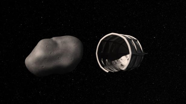 Ein Asteroid und eine Raumsonde im Weltraum vor einem Sternenhintergrund.