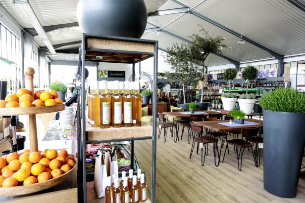 Innenansicht eines Gartencenters mit Orangen, Getränken und Tischen.