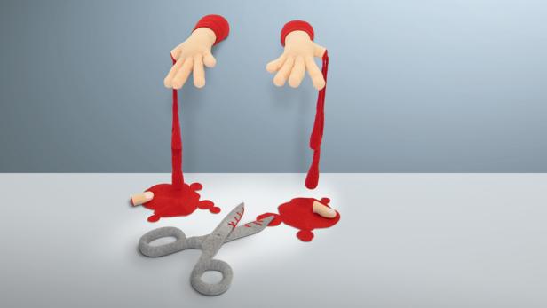 Zwei Stoffarme mit roten Bändern stehen über einer Schere und roten Stoffpfützen.