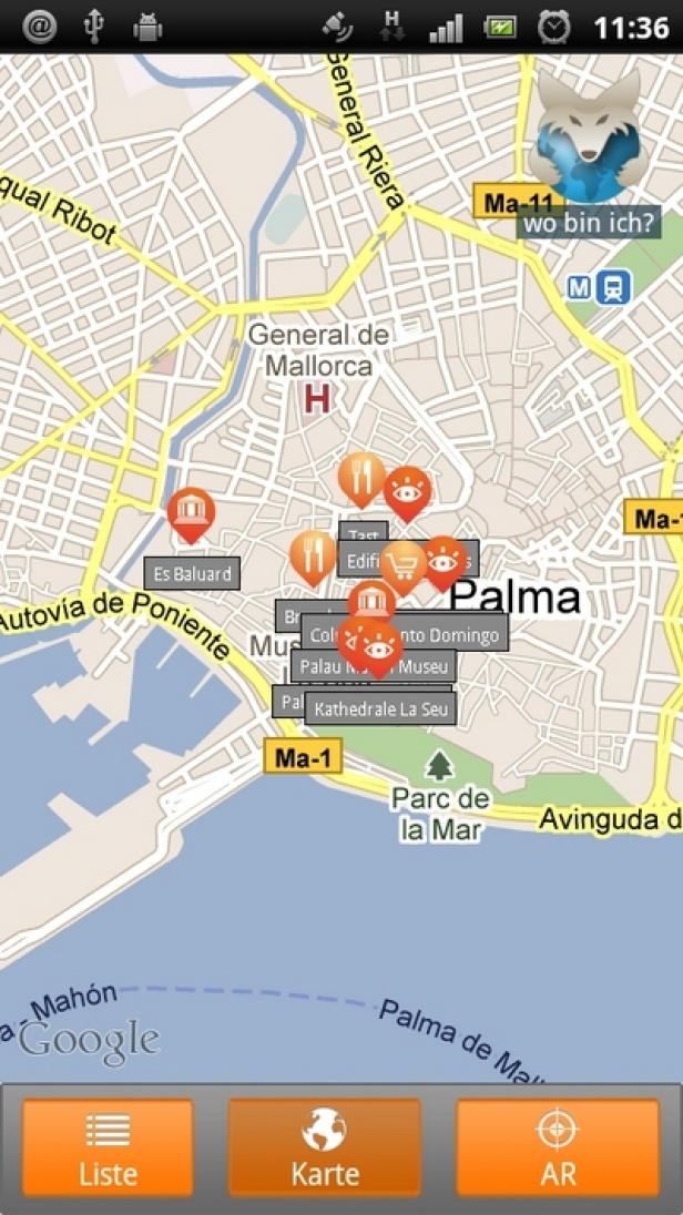 tripwolf.com - Android-App Ein Screenshot einer Karten-App, die Palma de Mallorca mit verschiedenen Sehenswürdigkeiten anzeigt.