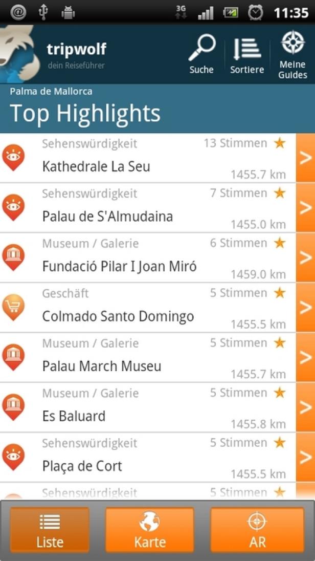 tripwolf.com - Android-App Ein Screenshot der Tripwolf-App mit Top-Highlights in Palma de Mallorca.
