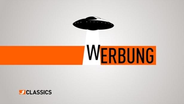 kabel eins Classics - DMC Group - Science Fiction Ein stilisiertes UFO über dem Wort „Werbung“ in einem orangefarbenen Balken.