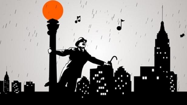 kabel eins Classics - DMC Group - Signation Ein Mann im Anzug singt im Regen an einer Laterne in einer Stadtlandschaft.