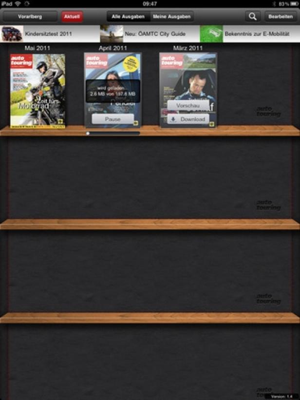 auto touring - ÖAMTC - iPad-Version - evolaris next level Ein iPad-Bildschirm zeigt eine App mit Zeitschriften-Covern auf einem virtuellen Regal.