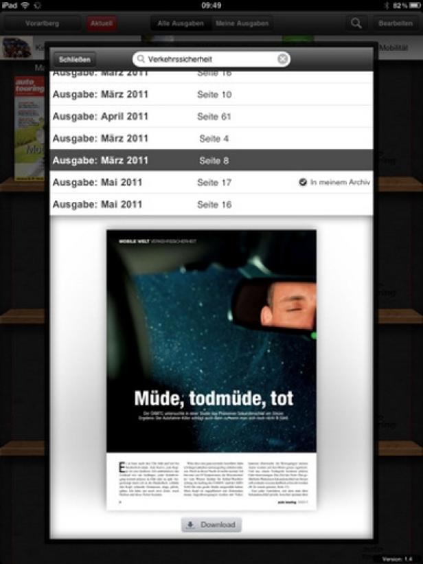 auto touring - ÖAMTC - iPad-Version - evolaris next level Ein Mann schläft während der Fahrt, Spiegelbild im Rückspiegel.