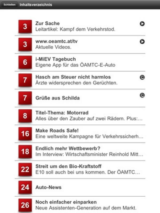 auto touring - ÖAMTC - iPad-Version - evolaris next level Ein Inhaltsverzeichnis auf einem Tablet mit Artikeln zu Verkehr, Autos und Technologie.