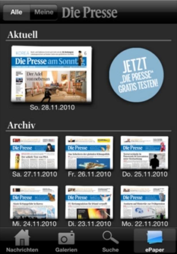 Die Presse - App - iPhone - iPad Ein Screenshot der „Die Presse“-App auf einem iPhone, der aktuelle und archivierte Ausgaben zeigt.