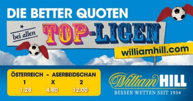 Eine Werbung von William Hill mit Quoten für das Fußballspiel Österreich gegen Aserbaidschan.