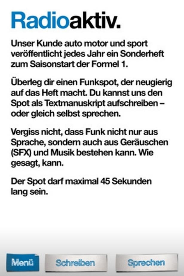 Ein Textbildschirm mit Informationen zu einem Radiospot für ein Sonderheft von „auto motor und sport“ zum Formel-1-Saisonstart.