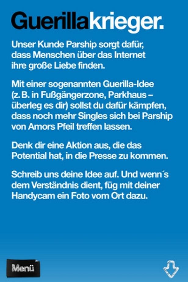 Ein Werbeplakat für Parship sucht nach Guerilla-Ideen für die Partnersuche.