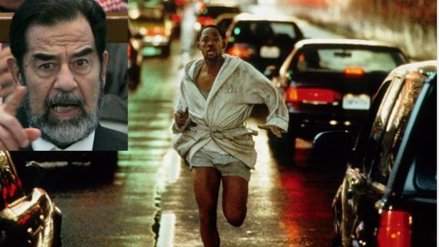 Will Smith rennt in „Ali“ in Bademantel und Shorts durch den Verkehr; links ein Porträt von Saddam Hussein.