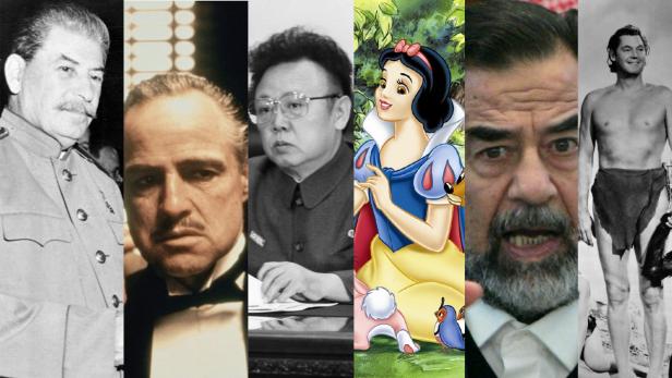 Eine Collage von sechs verschiedenen Personen, darunter Stalin, Marlon Brando und Schneewittchen.