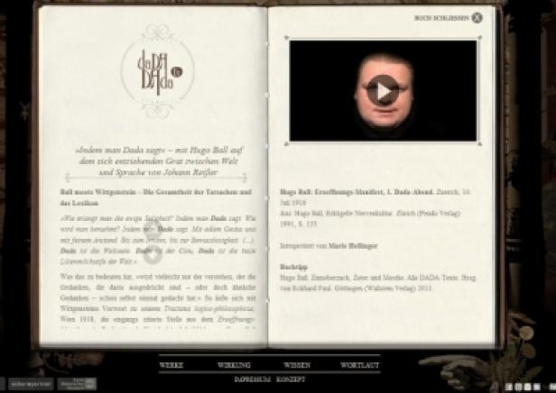 Eine geöffnete Buchseite über Dadaismus mit Text und einem Video von Hugo Ball.