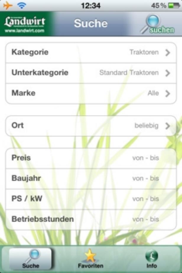 Die Suchmaske der Landwirt-App für Traktoren.