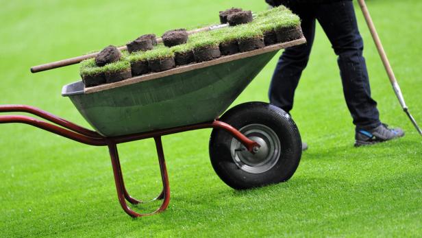 Eine Schubkarre ist mit Grassoden beladen.